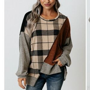 BiBi Plaid Colorblock Lagenlook Sweater Top Size Sz M 96% Polyester 4% Spandex